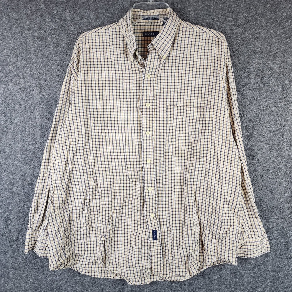 Gant Shirt Mens Large Cambric Twill Yellow Navy Plaid Button Down EUC